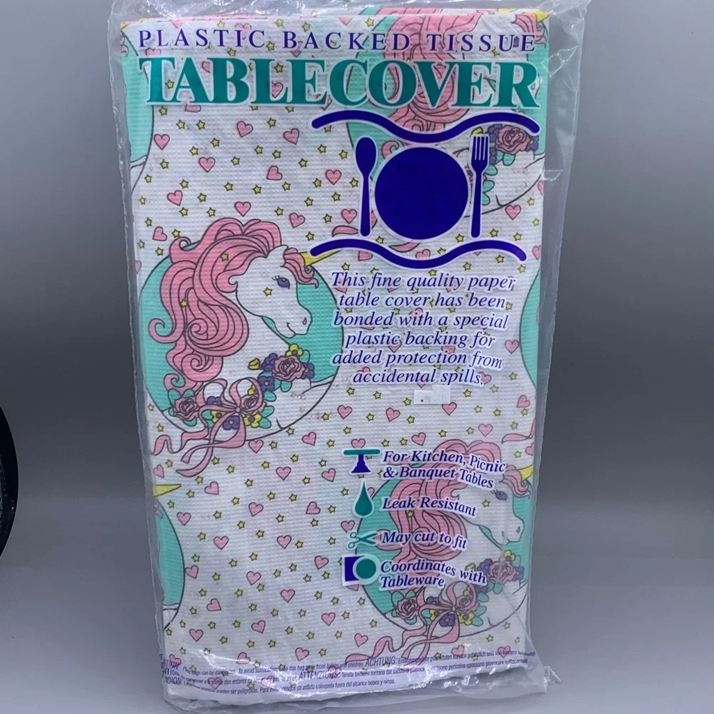Plastic Backed Tissue Table Cover Unicorn Fancy Hearts & Stars NIP